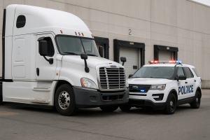 A police SUV with flashing lights is parked next to a white semi-truck near a loading dock area outside a large industrial building.