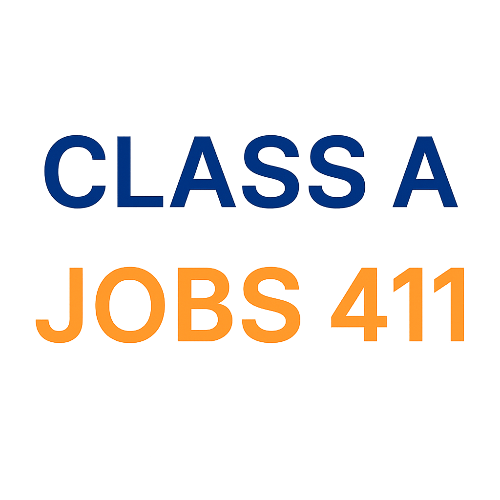 Text reading "CLASS A JOBS 411" in bold blue and orange lettering is displayed on a blurred, dark background featuring a blue to orange gradient.