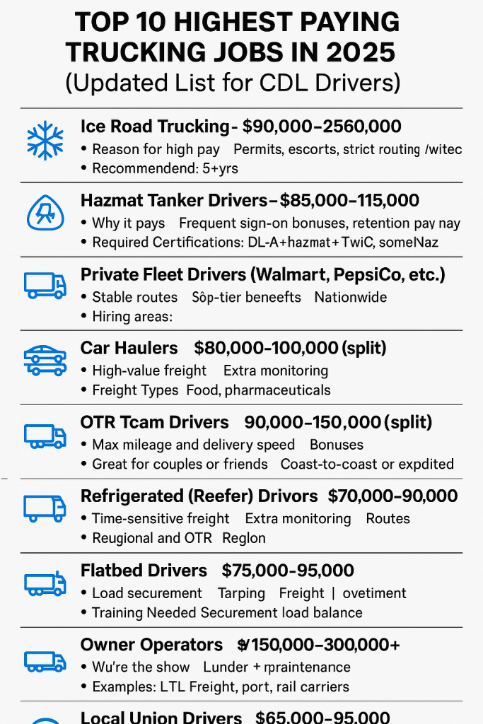 Infographic listing the top 10 highest-paying trucking jobs in 2025, showing job types, pay ranges, requirements, and brief details. The highest listed is Ice Road Trucking at $90,000–$250,000. Blue icons next to each job.