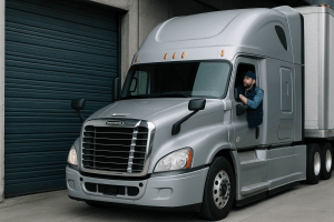 A man wearing a cap and vest sits in the cab of a silver semi-truck parked beside a closed industrial garage door, looking out of the driver’s side window.