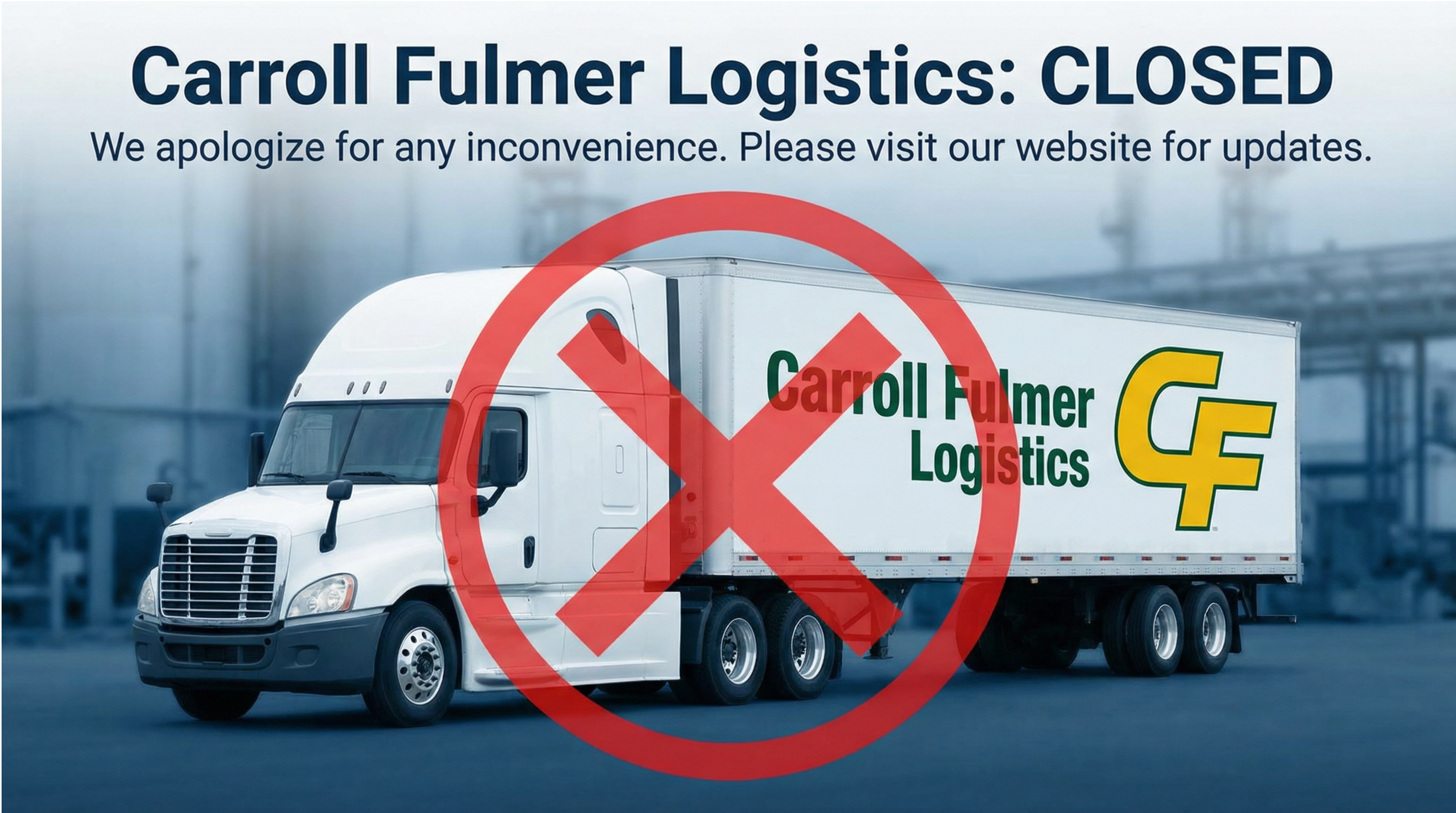 2025 Trucking Company Closures A white Carroll Fulmer Logistics truck with a large red "X" over it. Text above reads "Carroll Fulmer Logistics: CLOSED. We apologize for any inconvenience. Please visit our website for updates.