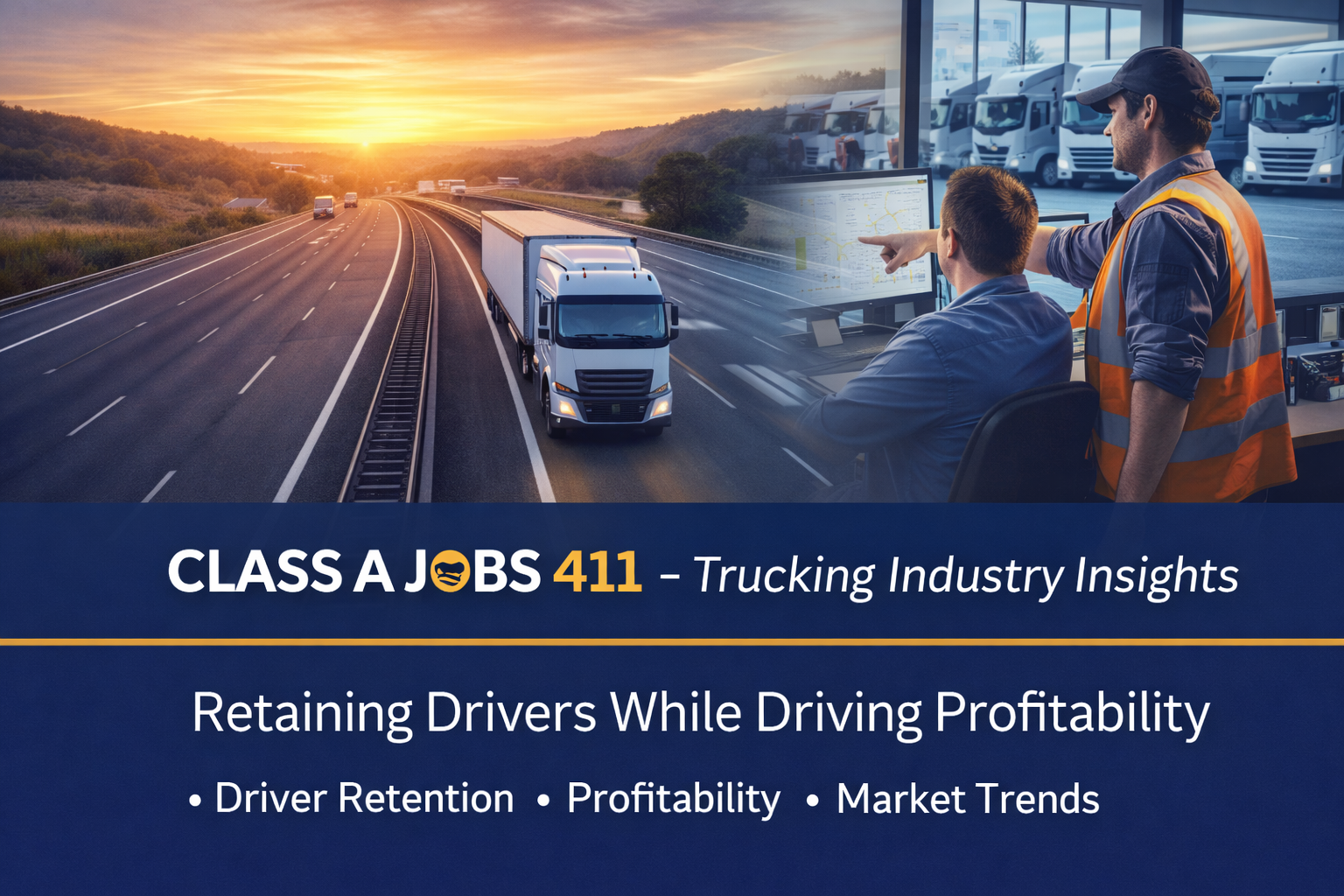 A highway with trucks at sunset and two people in a control room monitoring screens. Text reads: CLASS A JOBS 411 – Trucking Industry Insights: Retaining Drivers While Driving Profitability. Driver Retention, Profitability, Market Trends.