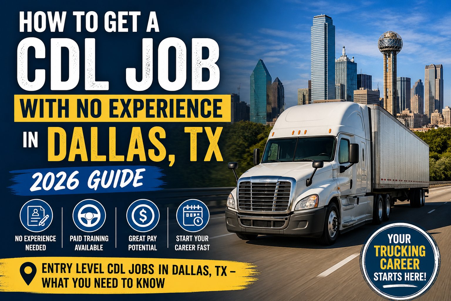 A white semi-truck drives on a city highway with the Dallas skyline in the background. Text promotes a 2026 guide to getting a CDL trucking job with no experience in Dallas, TX, and lists job benefits.