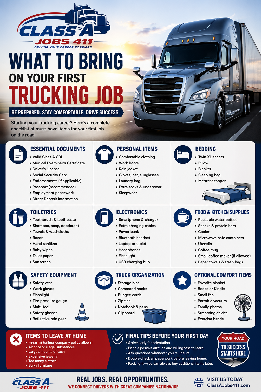 Infographic titled “What to Bring on Your First Trucking Job” with a truck image, lists essential documents, personal items, bedding, electronics, clothing, food, safety equipment, tools, truck organization, and home items.