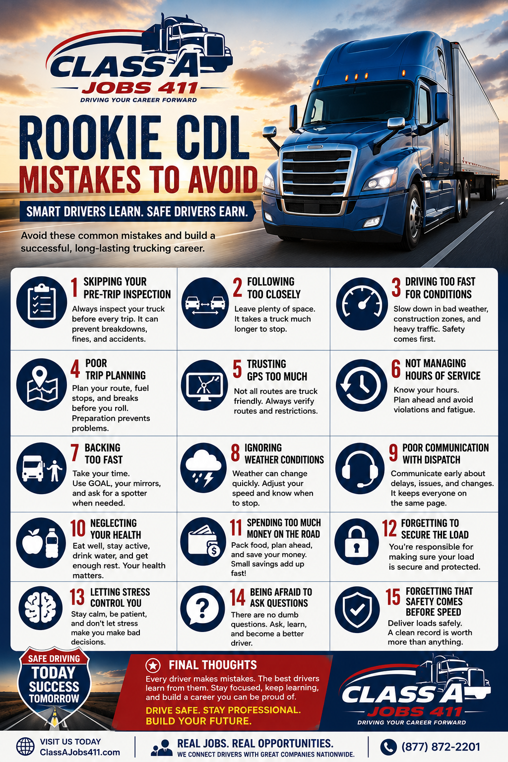 Infographic for "Rookie CDL Mistakes to Avoid" by Class A Jobs 411, featuring a blue semi-truck and 12 common CDL mistakes, tips to avoid them, and contact info at the bottom.